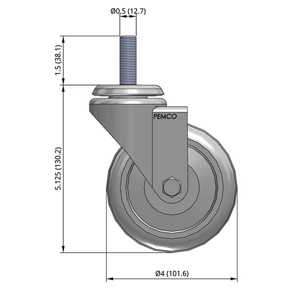 Side view drawing of caster with dimensions